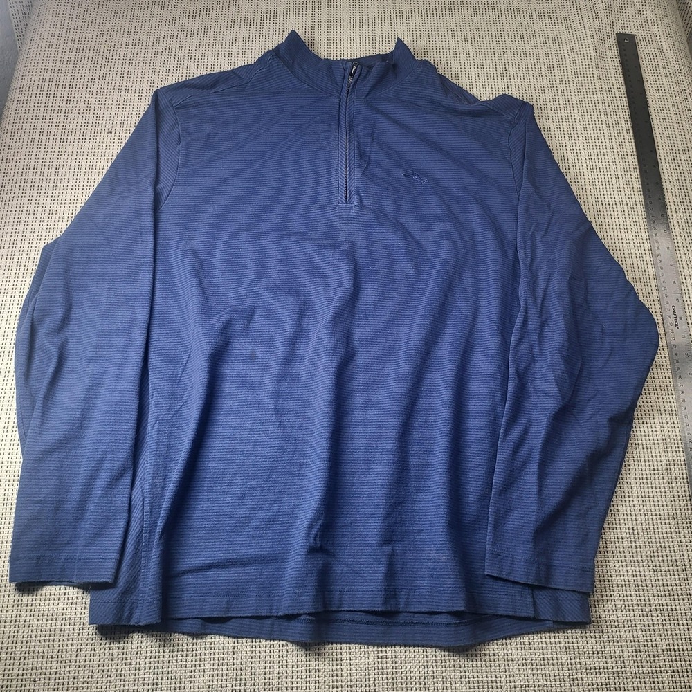Tommy Bahama Sweater Mens 2XL Blue 1/4 Zip Mock Neck Knit Striped Pullover Logo